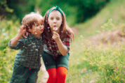 Healthy Family walking in summer field